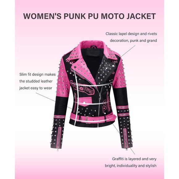 🆕 Women Pink Trendy Faux Leather Jacket Rivet Spring Fall WinterFashion Clothes - Picture 3 of 6